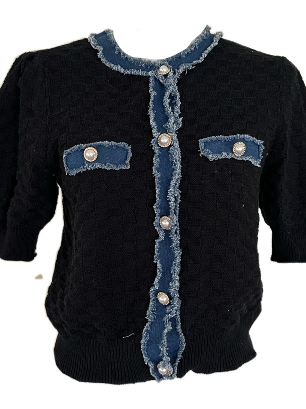 Black Knit Short-Sleeve Cardigan with Denim Trim